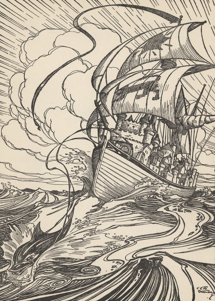 Detail of Illustration of ship pulled by dolphin by Corbis
