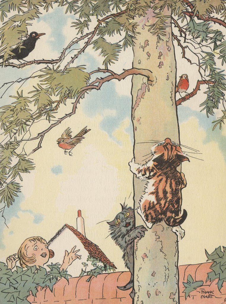Detail of Illustration of cats chasing birds up tree by Corbis