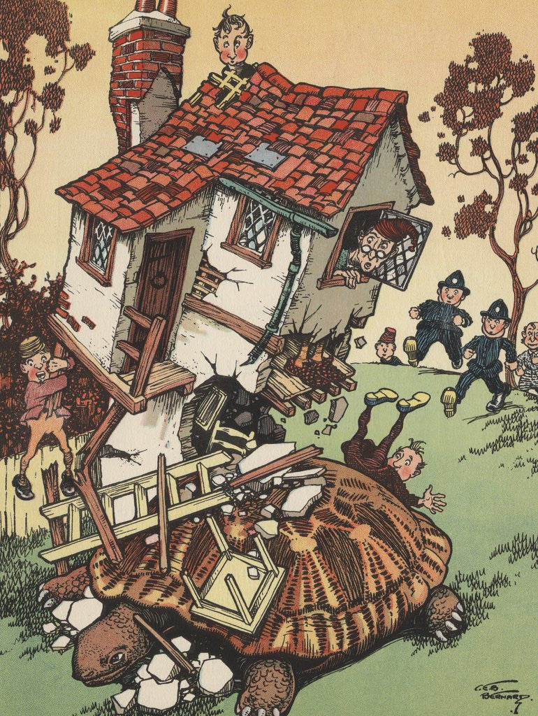 Detail of Illustration of giant turtle destroying house by Anonymous