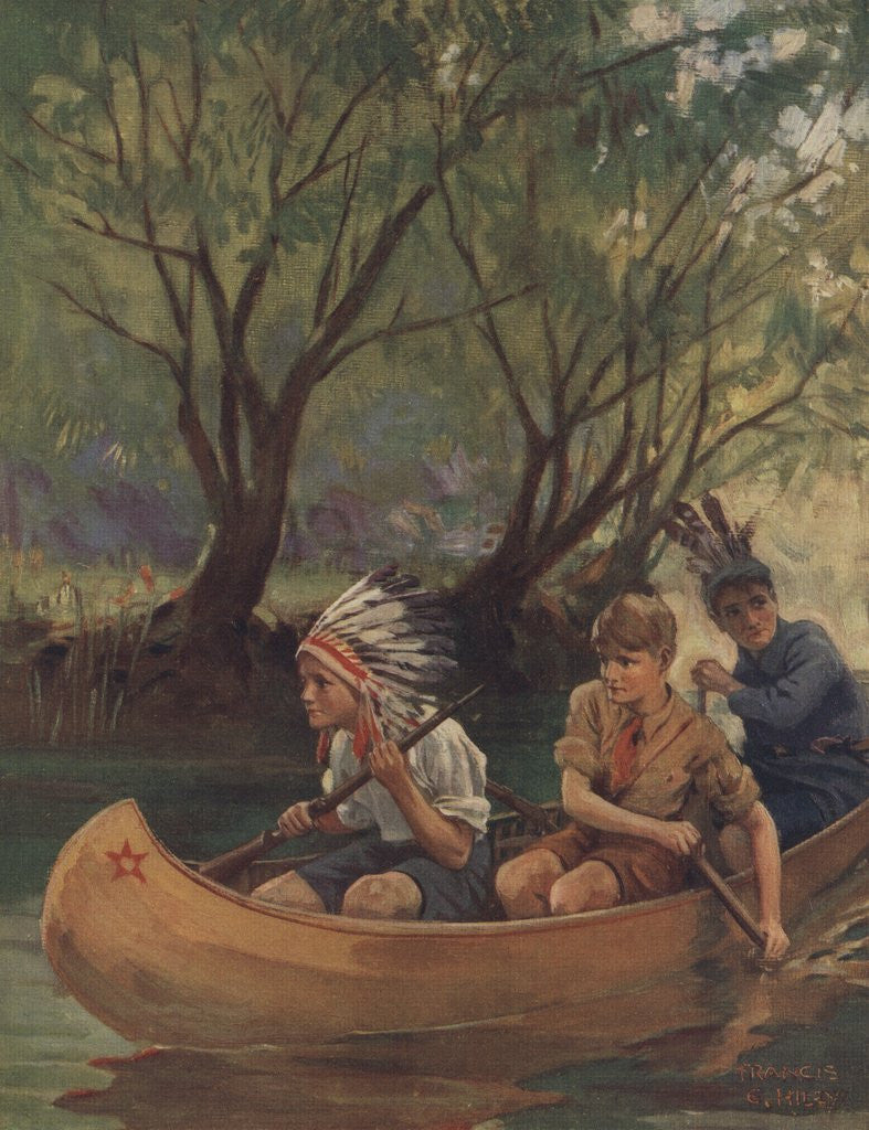 Detail of Illustration of three boys in canoe by Corbis