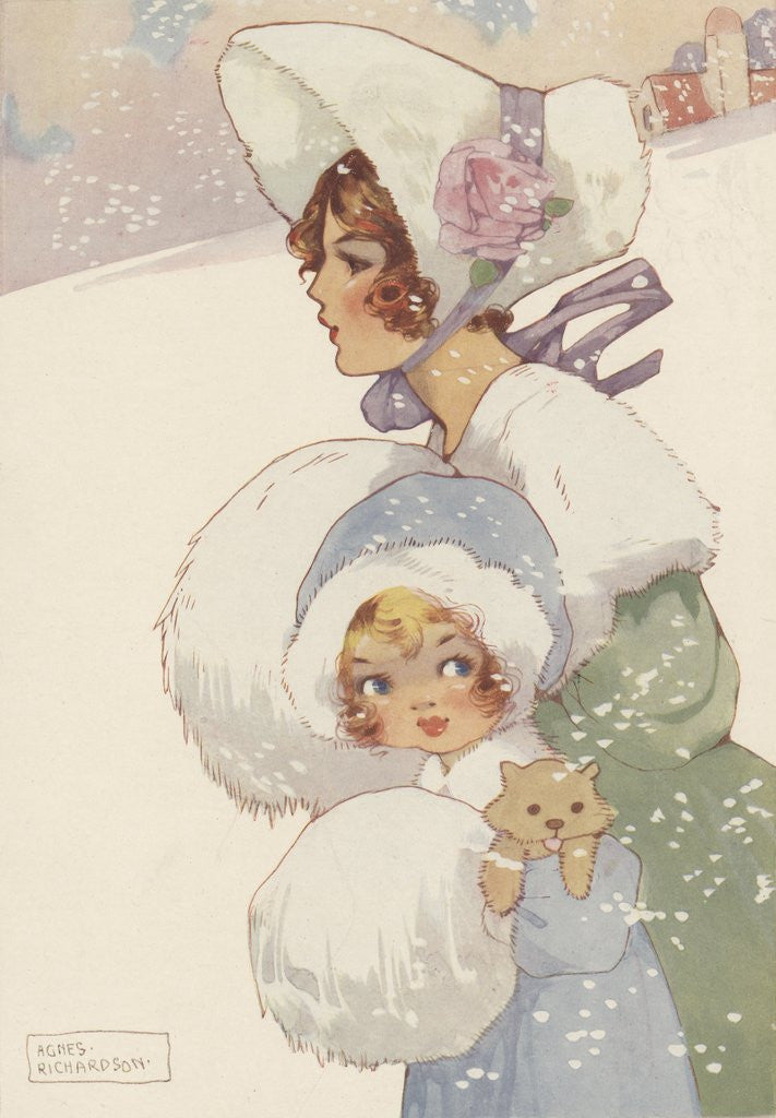 Detail of Illustration of woman and girl wearing muffs by Anonymous