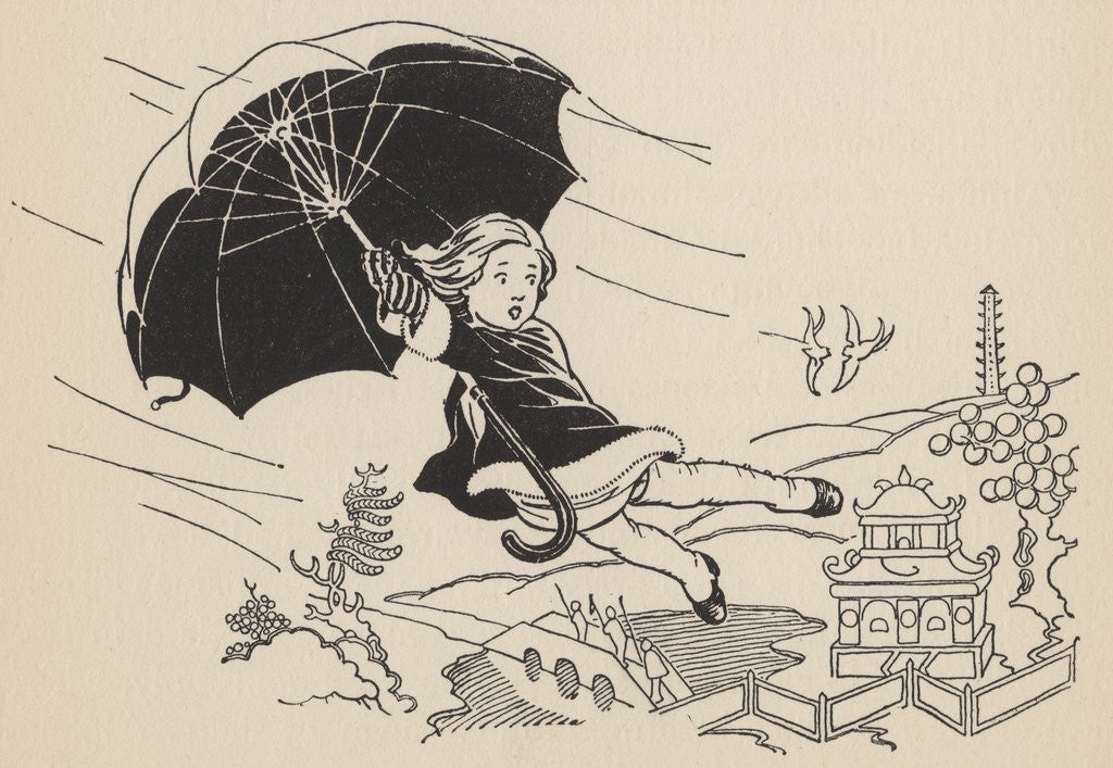 Detail of Illustration of girl with umbrella blown away by gust of wind by Corbis