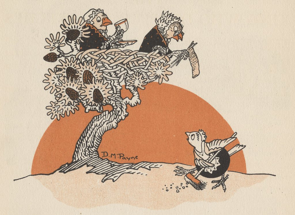 Detail of Illustration of female birds watching another bird sweep by Anonymous