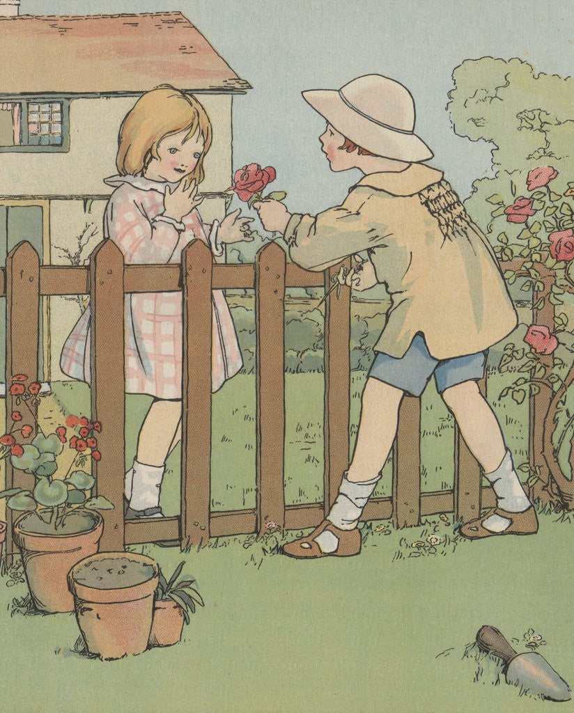 Detail of Illustration of boy giving rose to girl by Anonymous