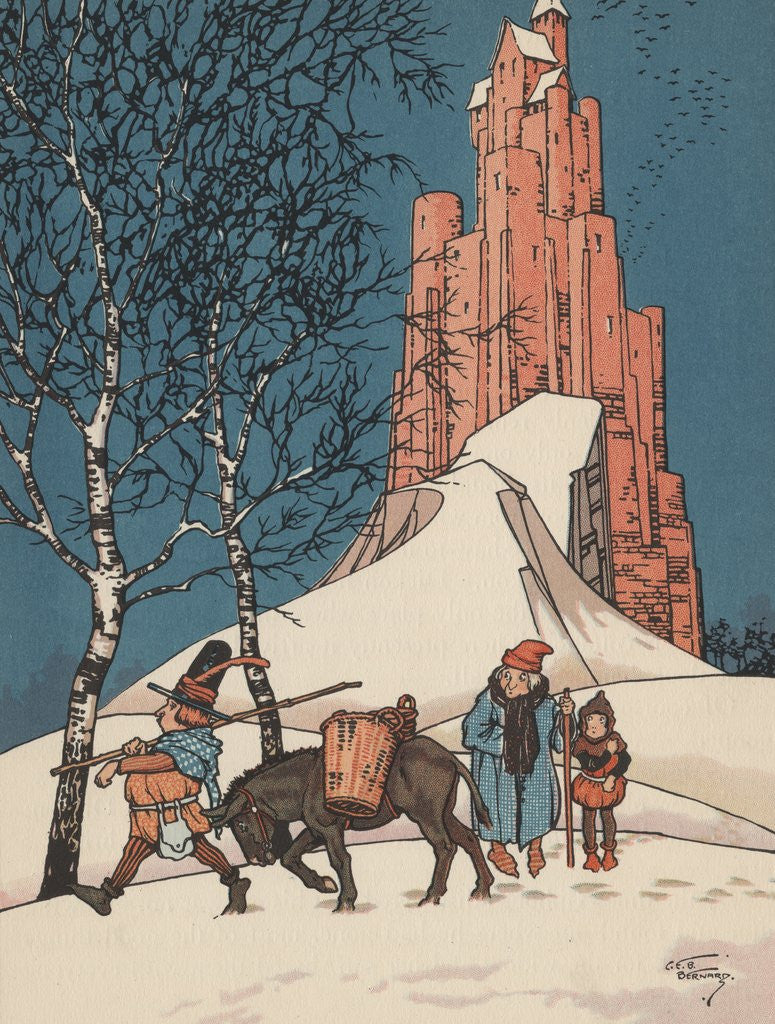 Detail of Illustration of man walking with donkey in snow by Anonymous