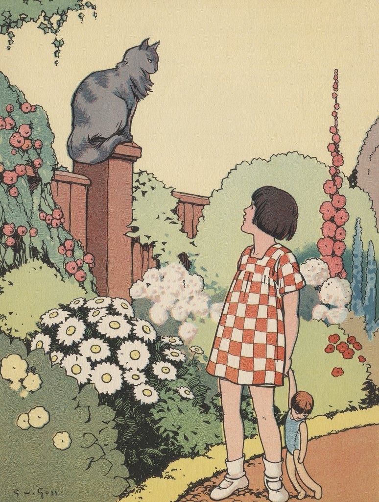 Detail of Illustration of girl looking at cat sitting on fence by Anonymous