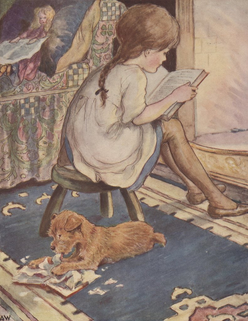 Detail of Illustration of puppy chewing up book while girl reads by Anonymous