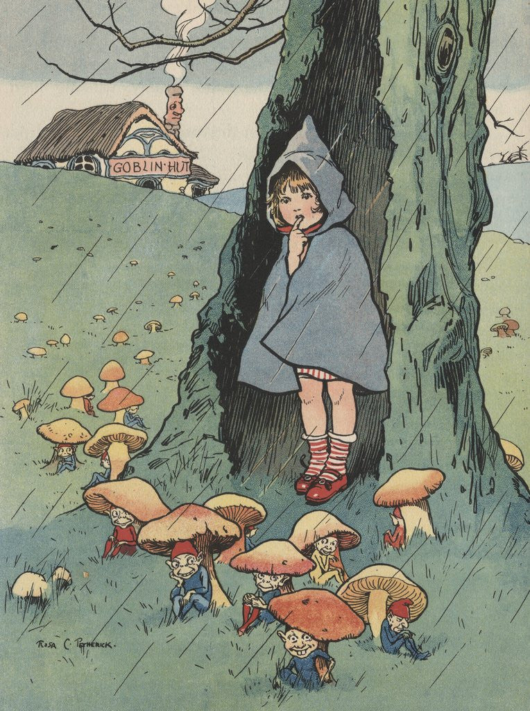 Detail of Illustration of girl watching goblins sitting under mushrooms by Anonymous