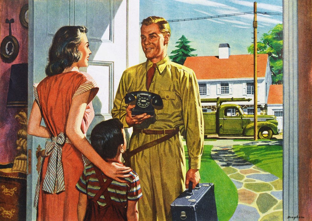 Detail of Phone repairman delivering phone to housewife by Anonymous