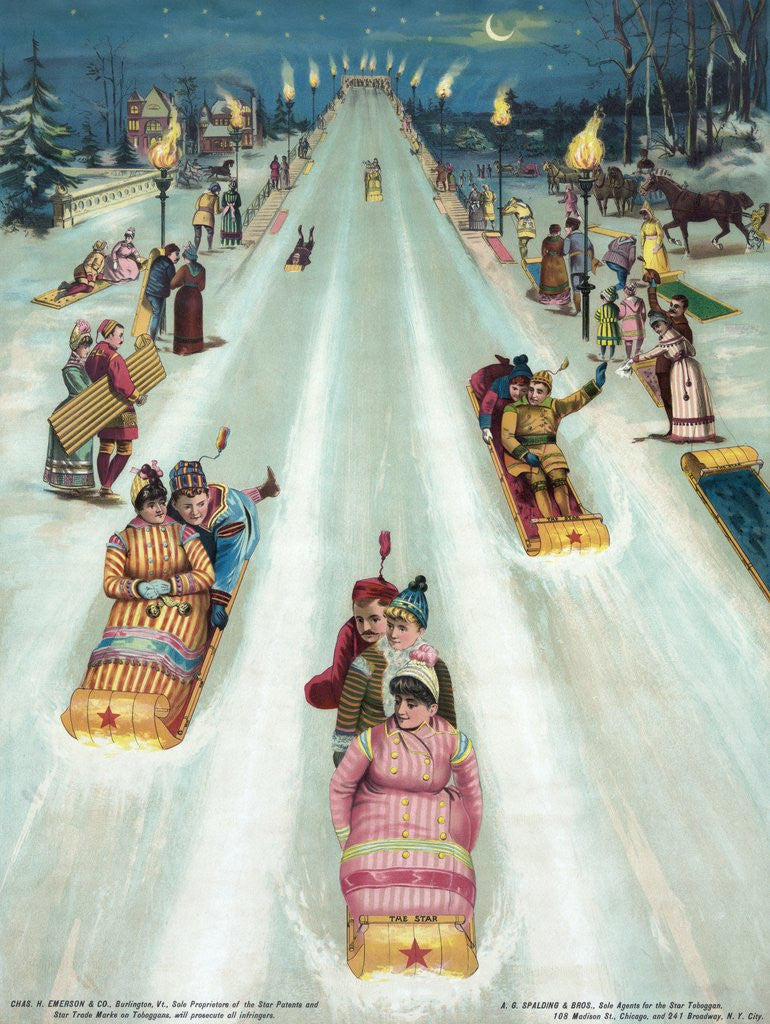 Detail of Couples sledding at night by Anonymous