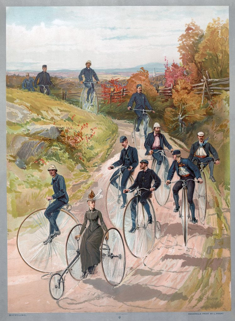Detail of Group riding penny-farthing bicycles by Anonymous