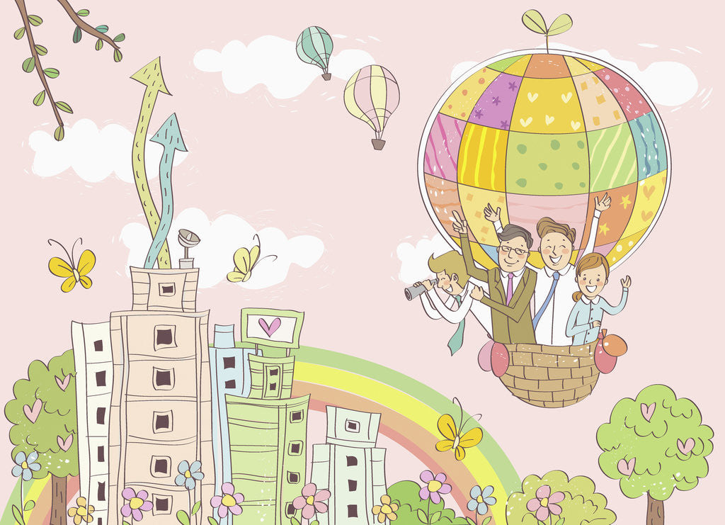 Detail of Happy community outreach in hot air balloon by Corbis