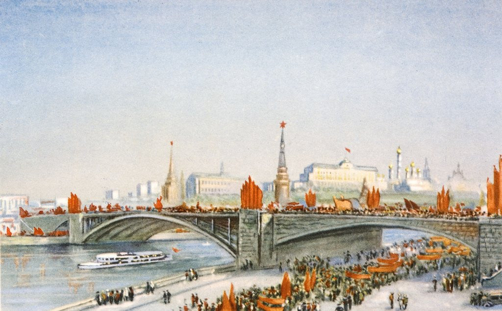 Detail of Postcard of a May-Day parade on the banks of the Moskva River in Moscow, USSR by Corbis