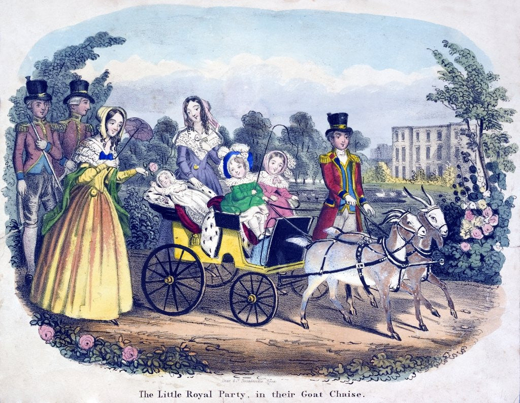 Detail of Three of Queen Victoria's children excercising in a goat carriage. A liveried footman is leading the goats and other adults are seeing to their comfort and safety. Possibly in the gardens of Buckingham Palace (formerly Buckingham House). by Anonymous