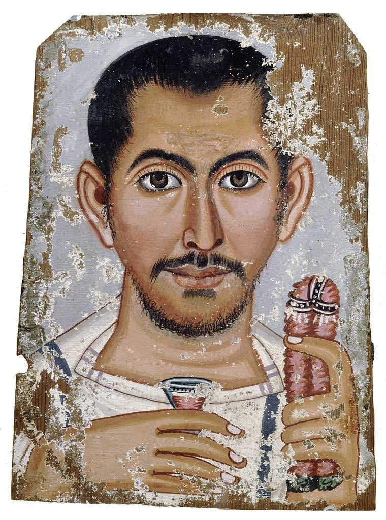 Detail of Fayum portrait of a man holding a small glass vessel and garland by Anonymous
