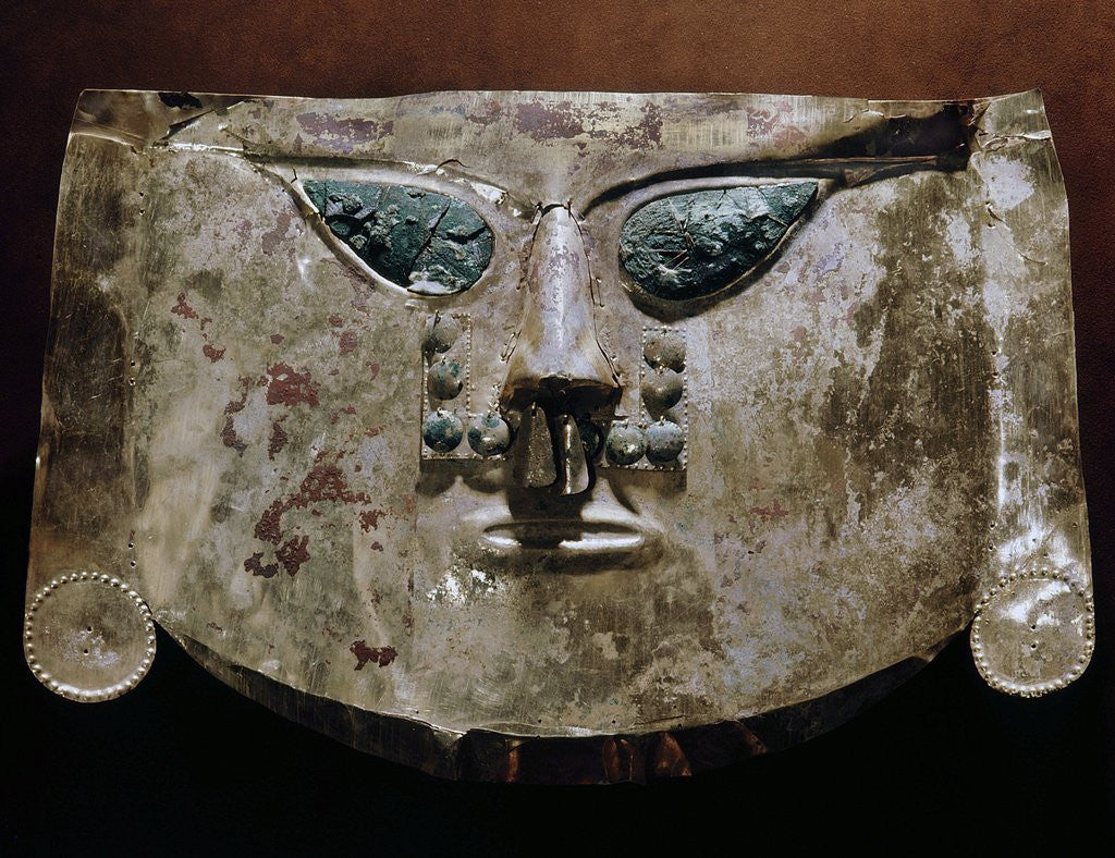 Detail of Gold Lambayeque burial mask with copper inlay eyes by Anonymous