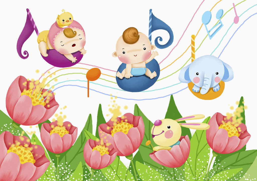 Detail of Pretty babies' and animal friends in music by Anonymous