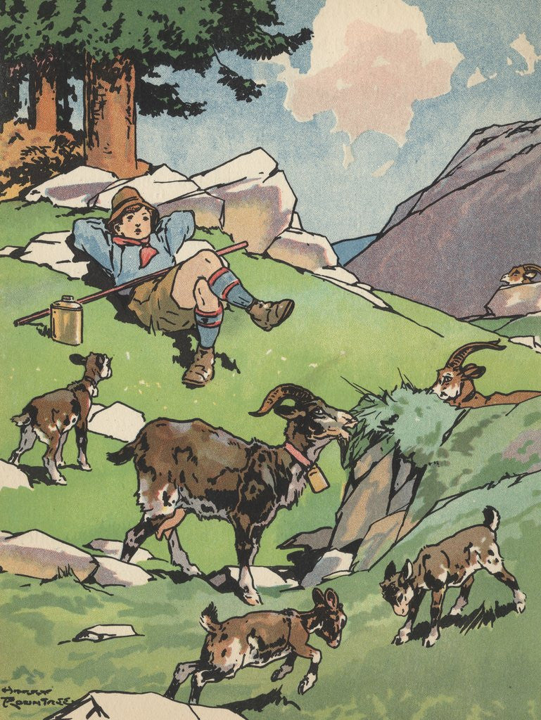 Detail of Goatherd resting near herd of goats by Anonymous