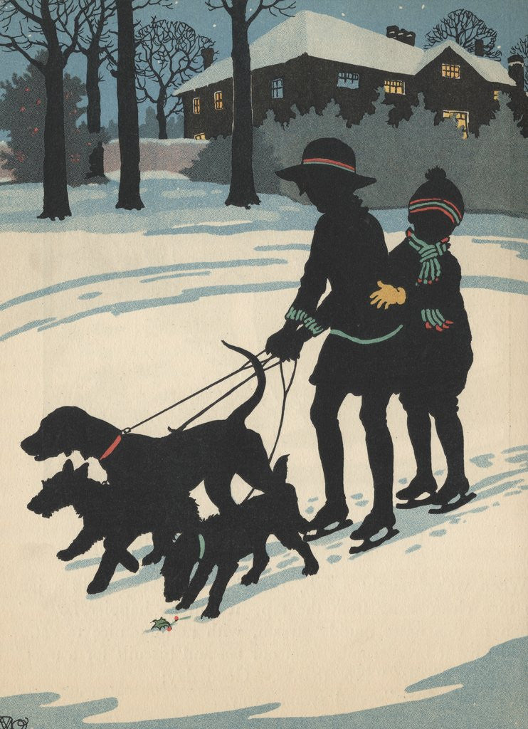 Detail of Children on ice skates pulled by dogs by Anonymous