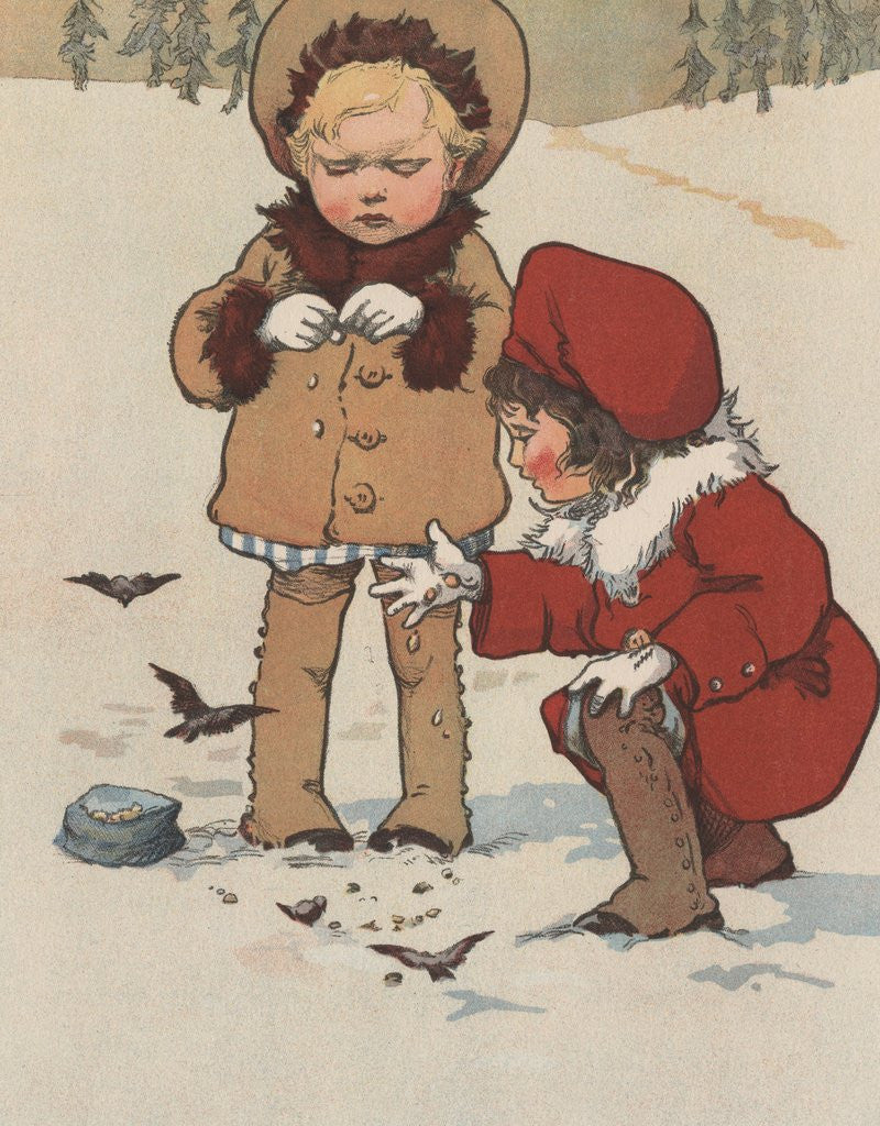 Detail of Children feeding birds in snow by Anonymous