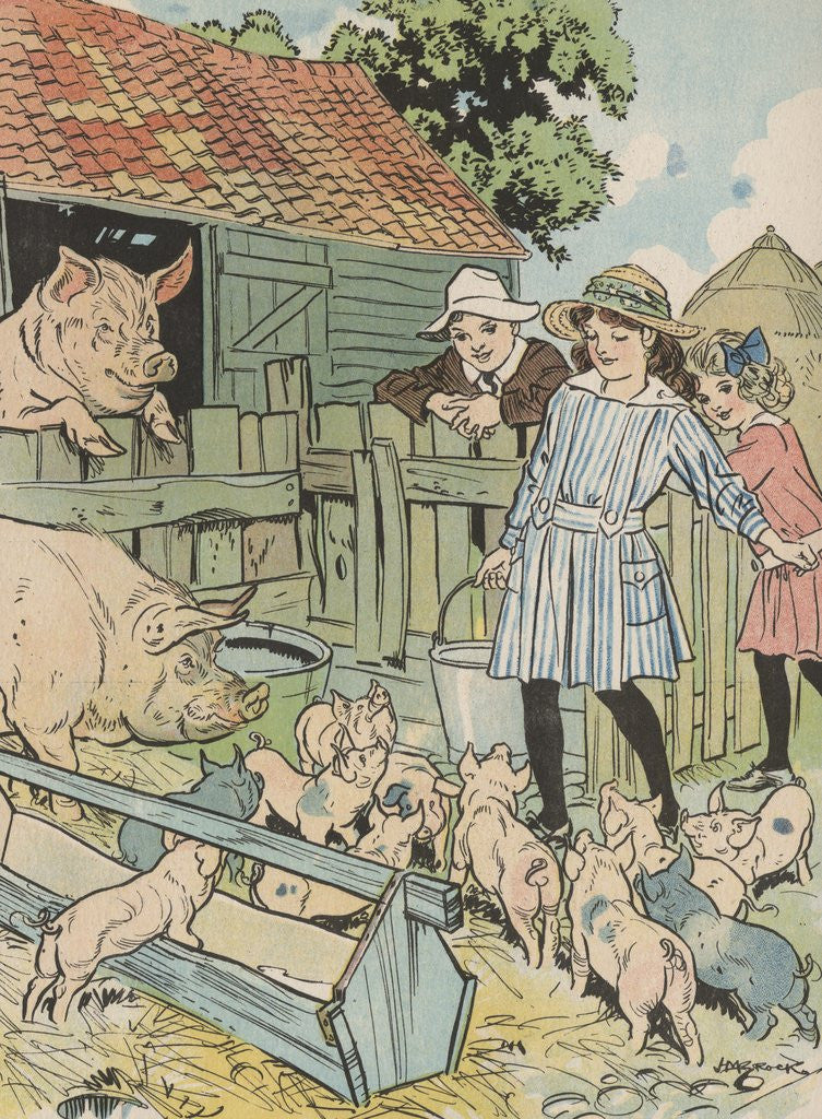 Detail of Children feeding pigs on farm by Anonymous