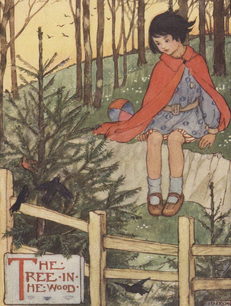 Detail of Girl watching birds in woods by Anonymous