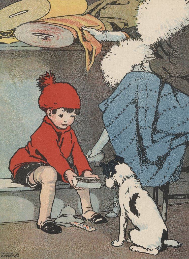 Detail of Boy showing box to dog by Anonymous