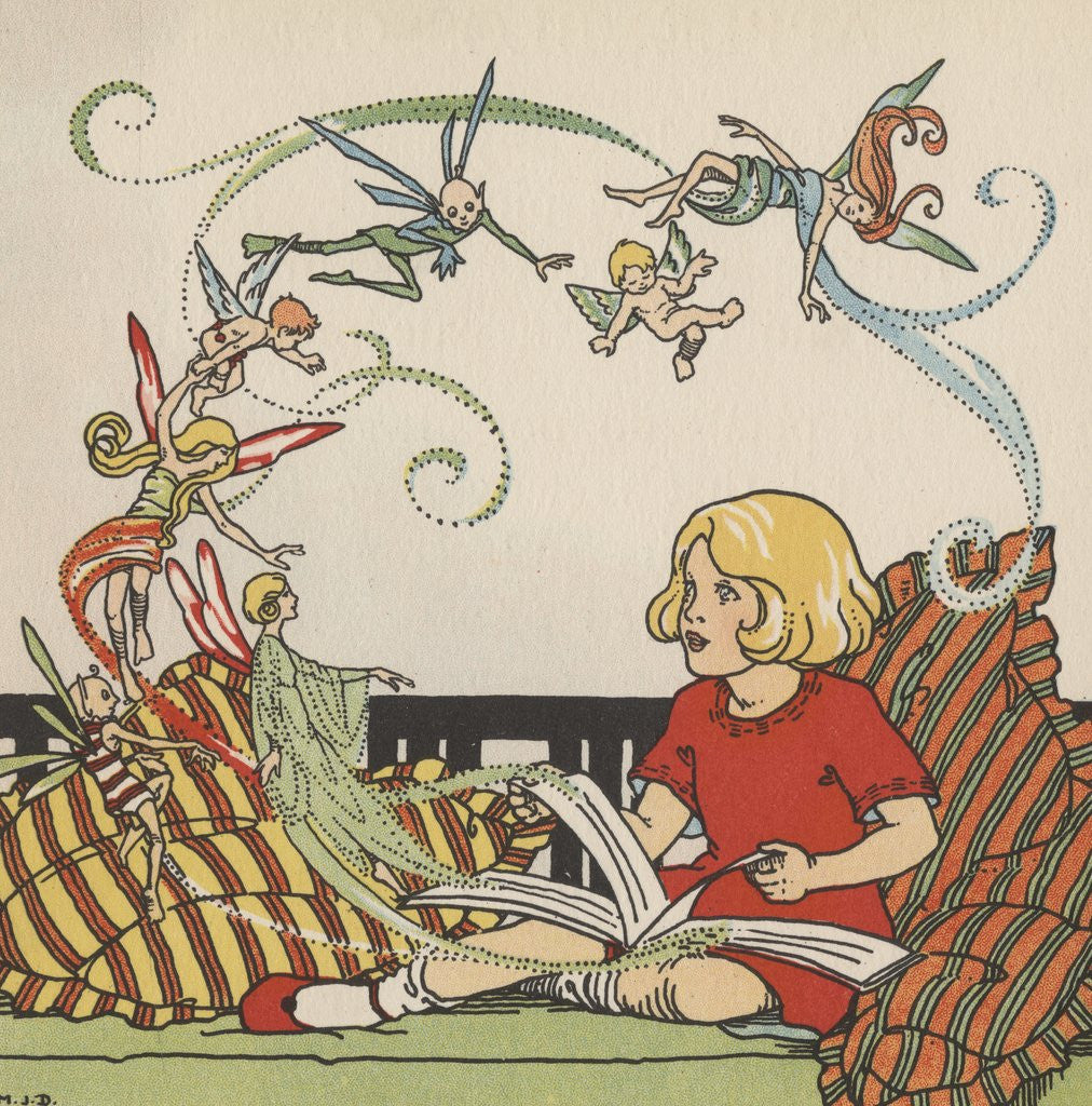 Detail of Girl reading book on fairies by Corbis