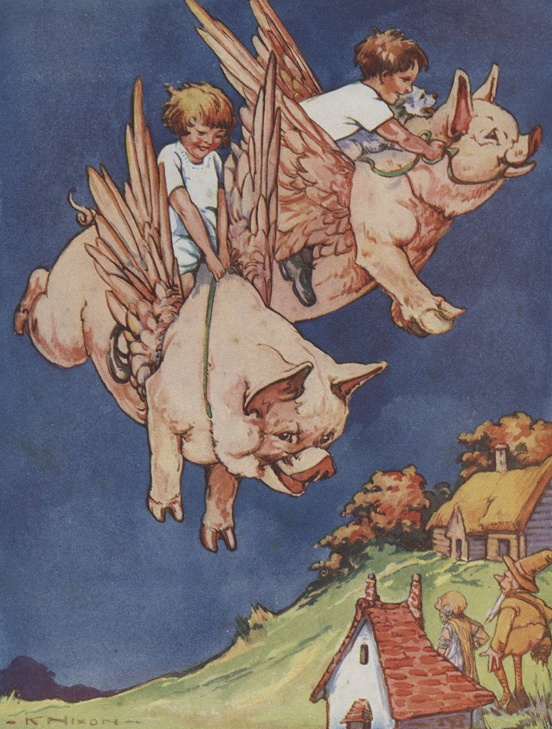 Detail of Children riding flying pigs by Anonymous