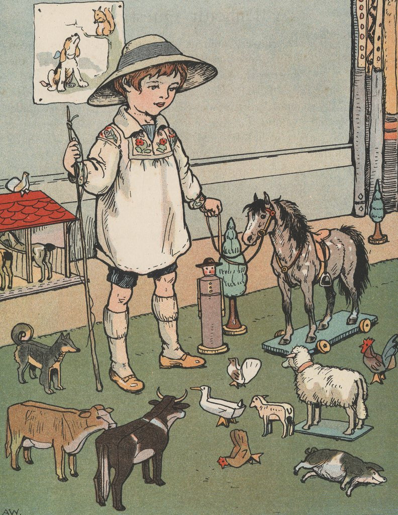 Detail of Boy playing with toy farm animals by Anonymous