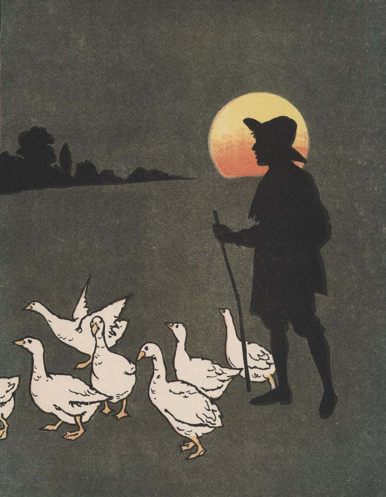 Detail of Boy hearding geese at sunset by Anonymous