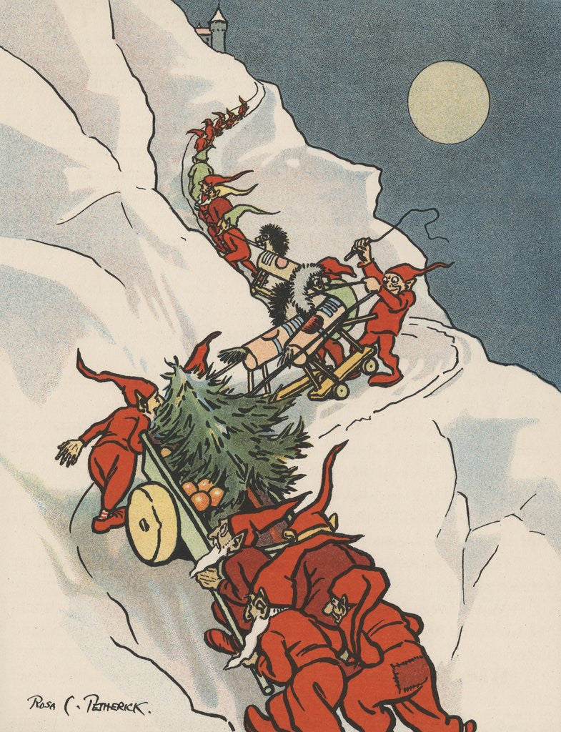 Detail of Gnomes pulling Christmas tree up snowy mountain by Anonymous
