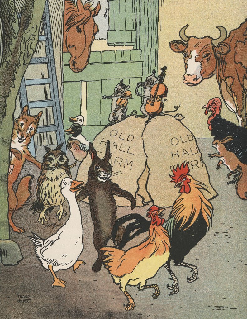 Detail of Farm animals dancing near barn by Anonymous