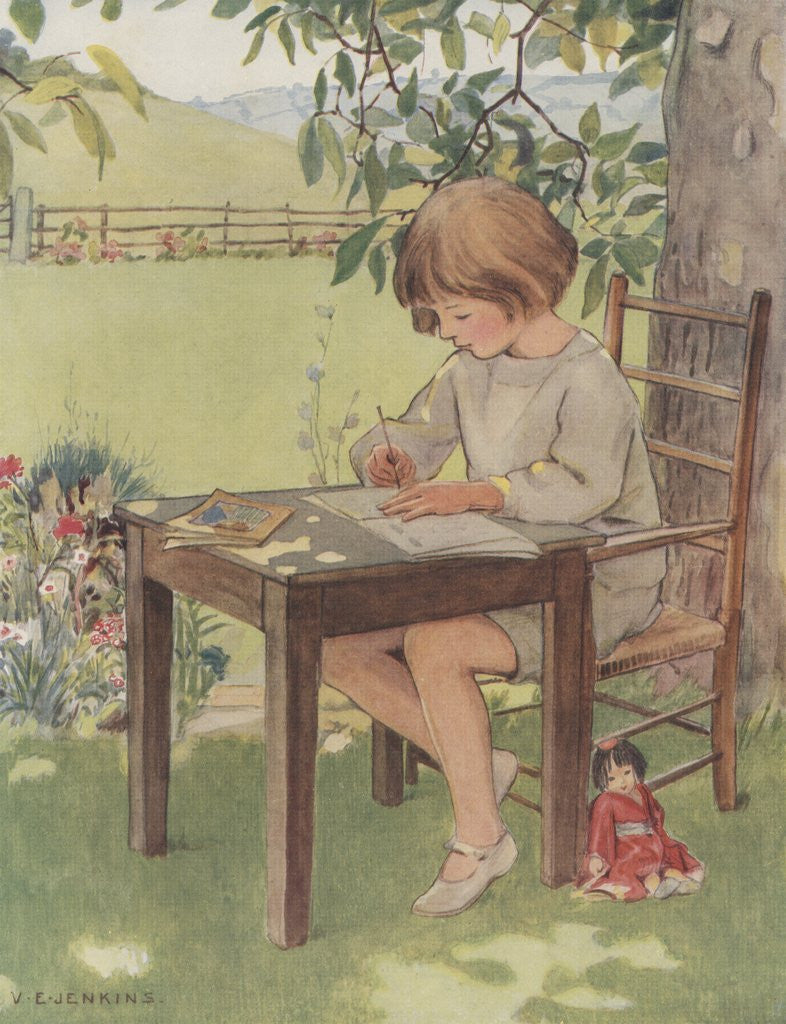 Detail of Child writing outdoors by Anonymous