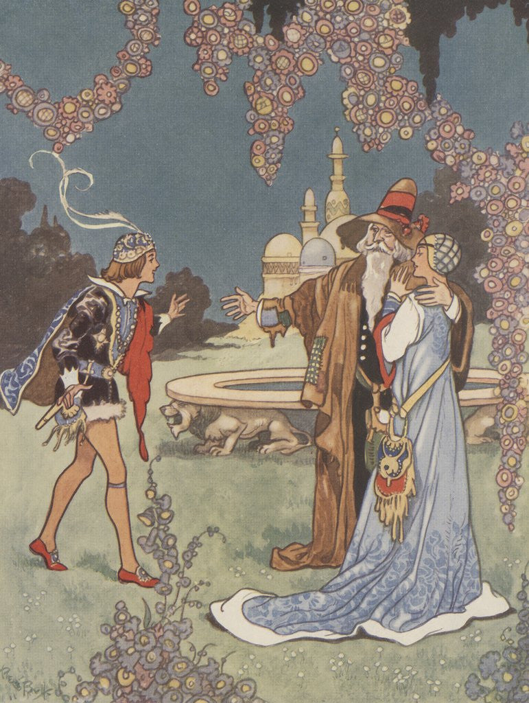 Detail of Princess with two men near fountain by Anonymous