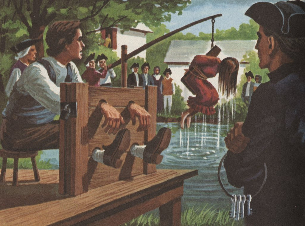 Detail of Man in stocks and woman being dunked in Puritan colony by Anonymous