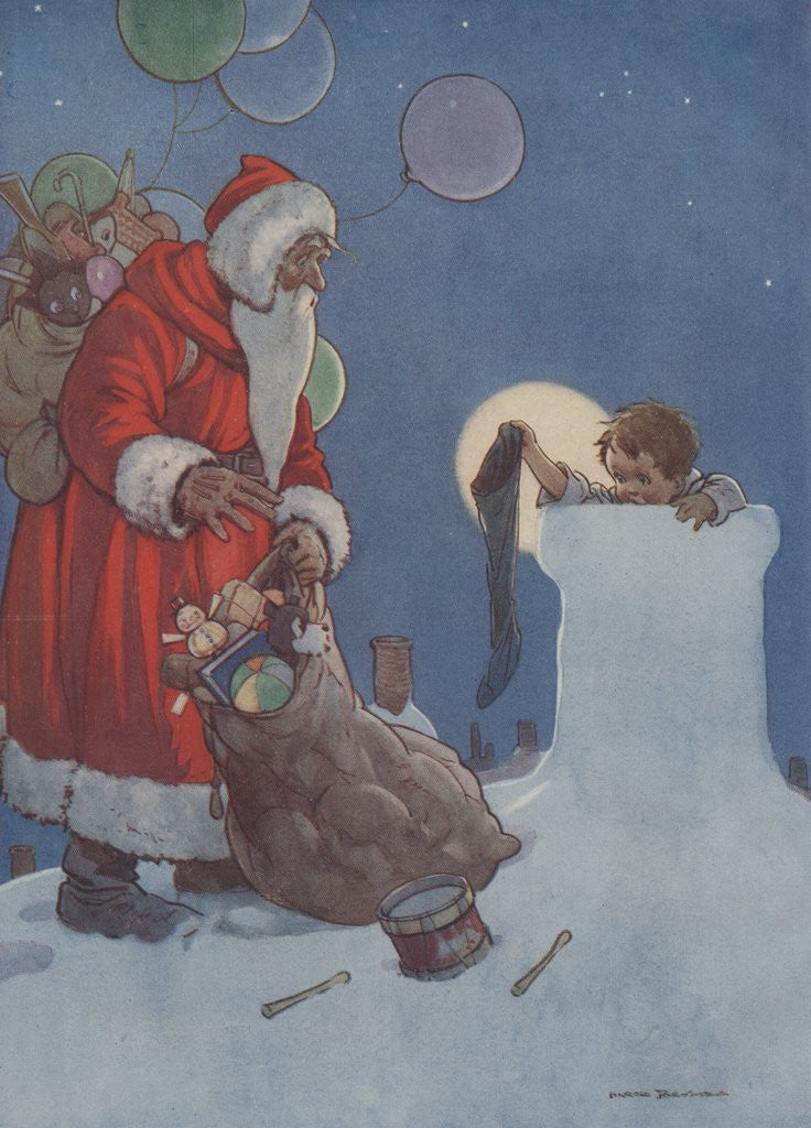 Detail of Little boy holding out Chrimas stocking to Santa Claus by Anonymous