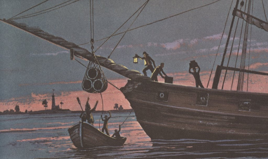Detail of Colonists smuggling in Boston harbor, 1768 by Corbis