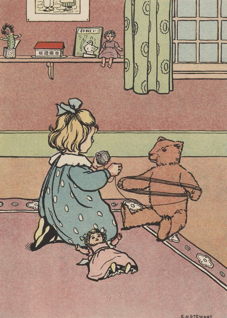 Detail of Girl winding yarn with teddy bear by Anonymous