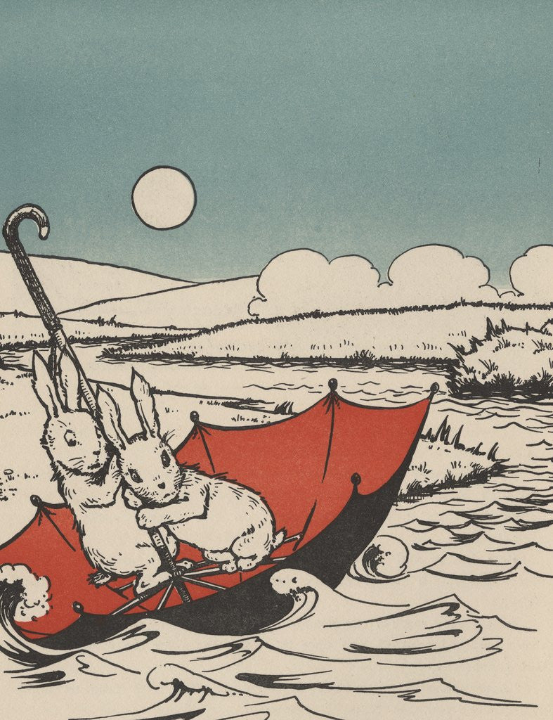 Detail of Two rabbits floating on upside down umbrella by Anonymous