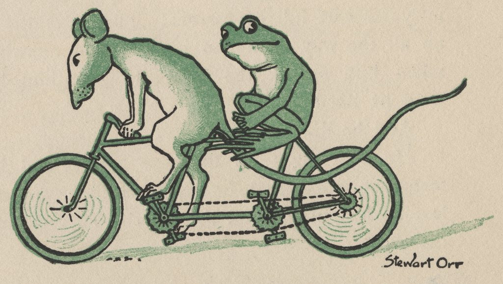 Rat and frog riding tandem bicycle by Corbis