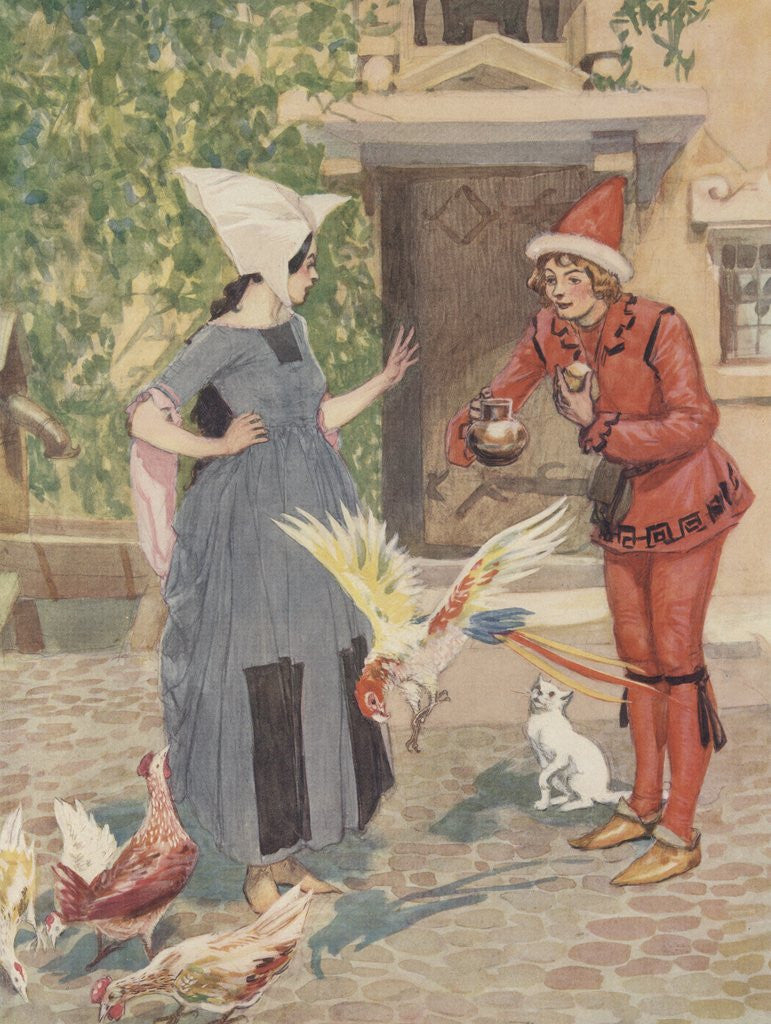 Detail of Young man and woman with chickens and cat by Anonymous