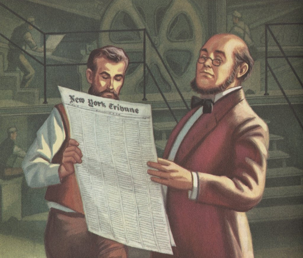 Detail of Men inspecting New York Tribune newspaper at printing plant by Anonymous