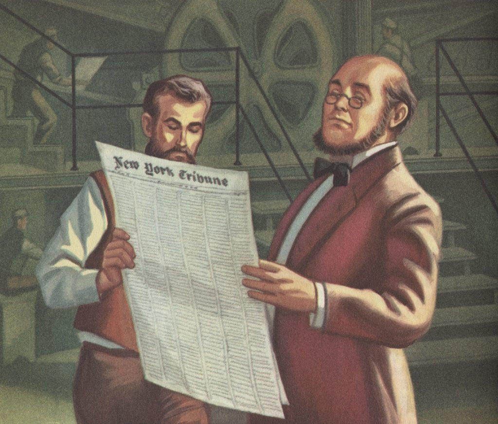 Detail of Men inspecting New York Tribune newspaper at printing plant by Corbis
