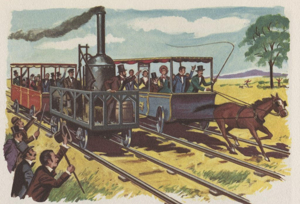 Detail of Race between steam locomotive and horse-drawn car by Anonymous