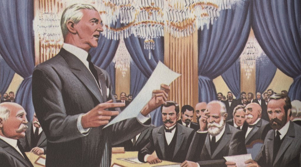 Detail of Woodrow Wilson pressing for League of Nations at Paris Peace Conference in 1919 by Corbis