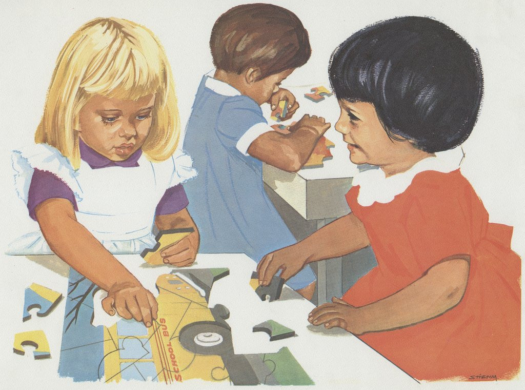Detail of Girls playing with puzzles by Anonymous