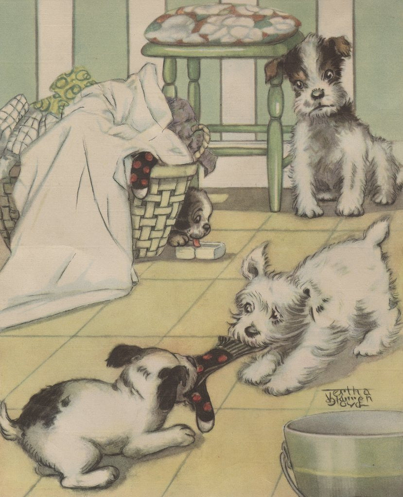 Detail of Puppies playing with laundry by Anonymous