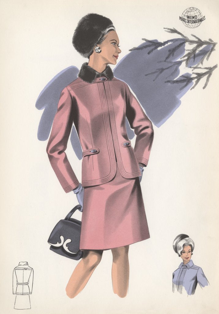 Detail of Model wearing fur-trimmed pink suit by Anonymous