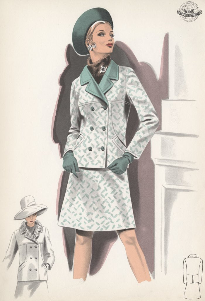 Detail of Model wearing green-trimmed suit by Anonymous